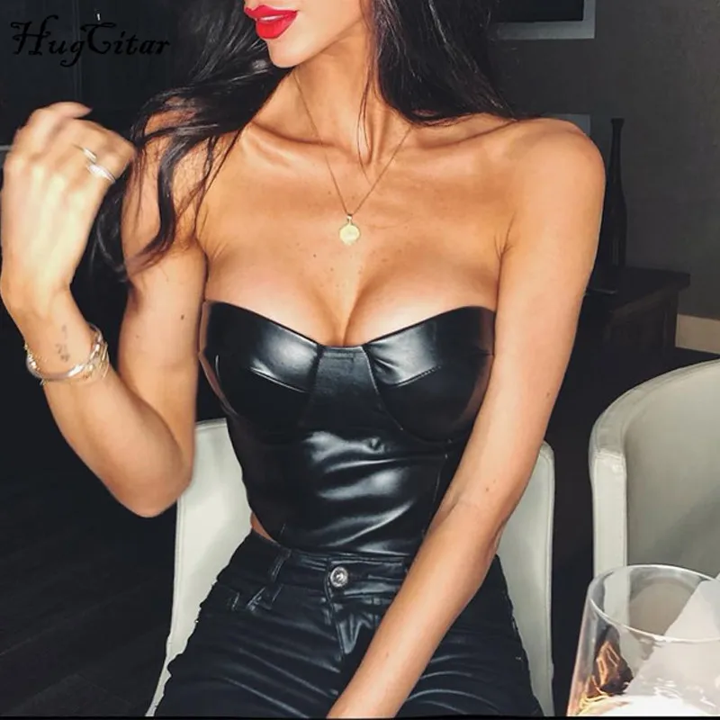 Hugcitar slash V-Neck PU сексуальный топ на бретелях летняя женская мода уличные вечерние топы из кусков