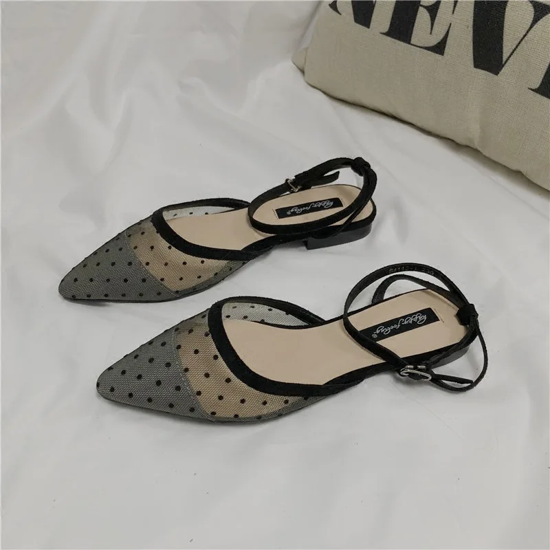 

Koovan Women's Sandals Dot Lace Screen Face Sandals Sharp Flat Bottom Casual Single Shoes Temperament Small Sister Girls