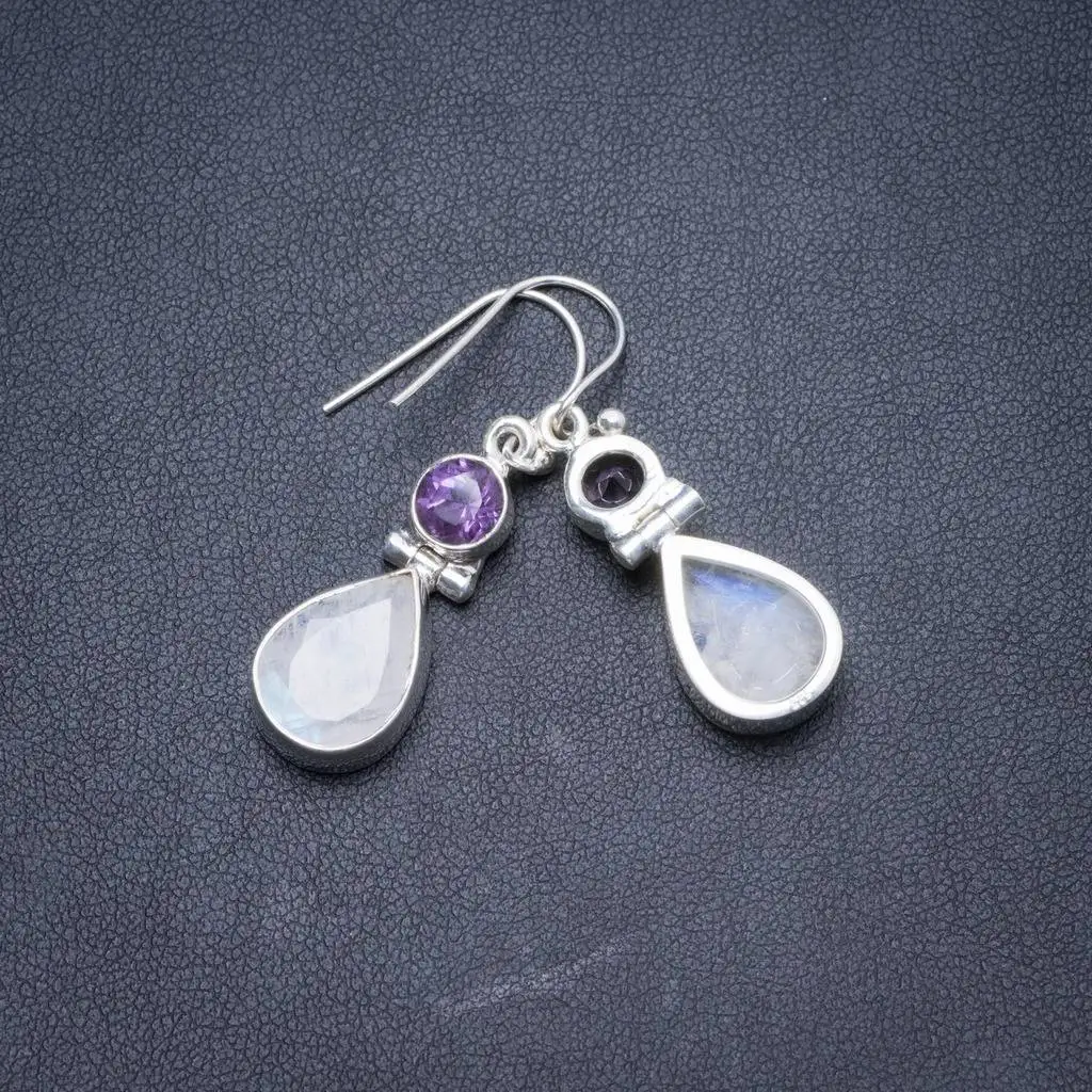 

Natural Moonstone and Amethyst Handmade Unique 925 Sterling Silver Earrings 1.25" Y2632
