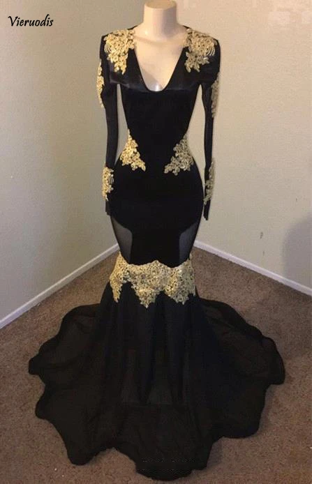

2019 Black Deep V Neck Satin Mermaid Prom Dresses Long Sleeves Gold Lace Applique Floor Length Formal Party Evening Gowns