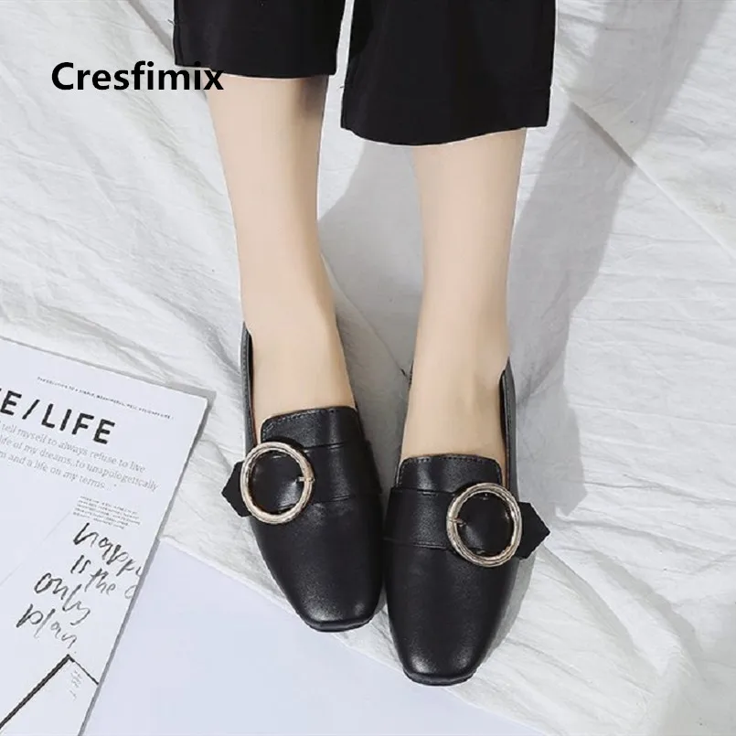 

Cresfimix women fashion comfortable pu leather flat shoes lady cool black spring & summer slip on shoes lady cute shoes a3526