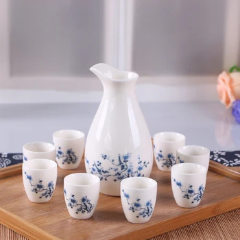 

Landscape Painting Ceramic Celadon Wine Set One Wine Pot 8 Piece Cups Teacups Set Gift Box Package Saki Favor 9 pcs/set DEC235