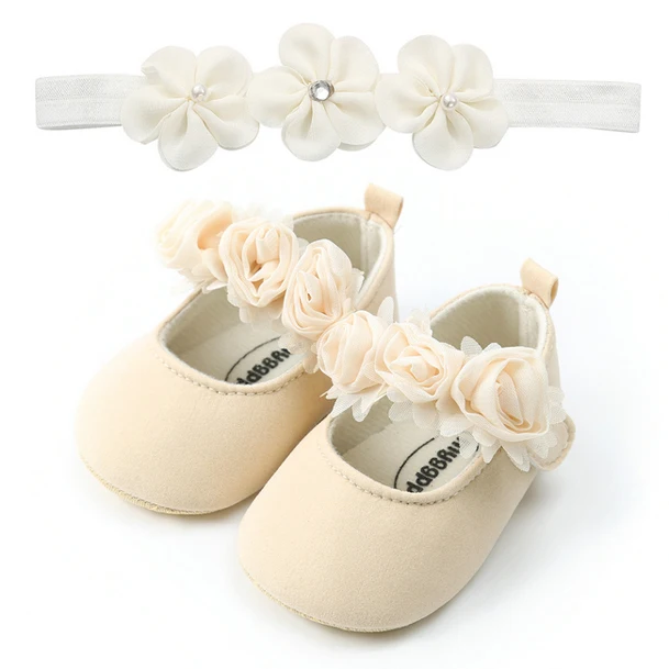 Повязка на голову; комплект из хлопковой обуви с цветочным принтом на мягкой подошве для новорожденных; обувь на крестины для маленьких девочек; обувь для крещения; Fille; милая обувь цвета слоновой кости для первых шагов