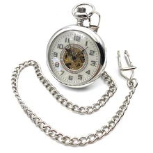 Open Face Silver Tone Skeleton Steampunk Arabic Number Dial Hand Wind Mens Mechanical Pocket Watch W/Chain Reloj De Bolsillo