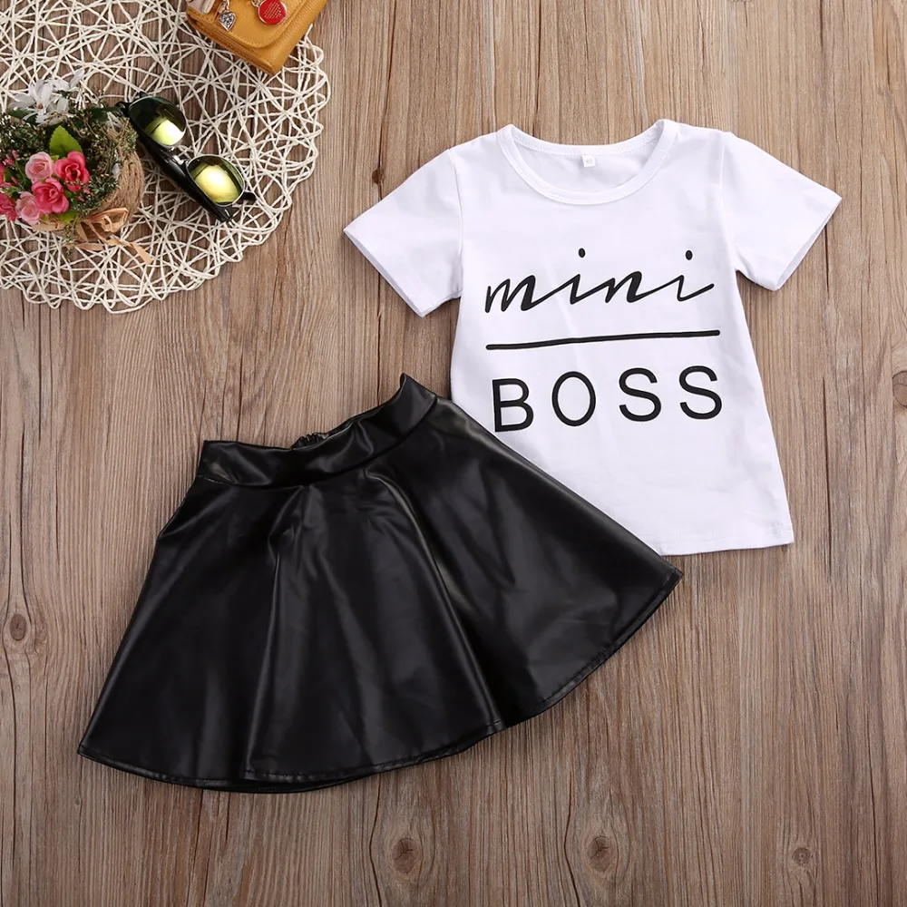 Mini Boss Kids Girls Clothes Set 2018 New Fashion Toddler Summer Short Sleeves T-Shirt Tops+Leather Skirt 2PCS Child Outfits | Мать и