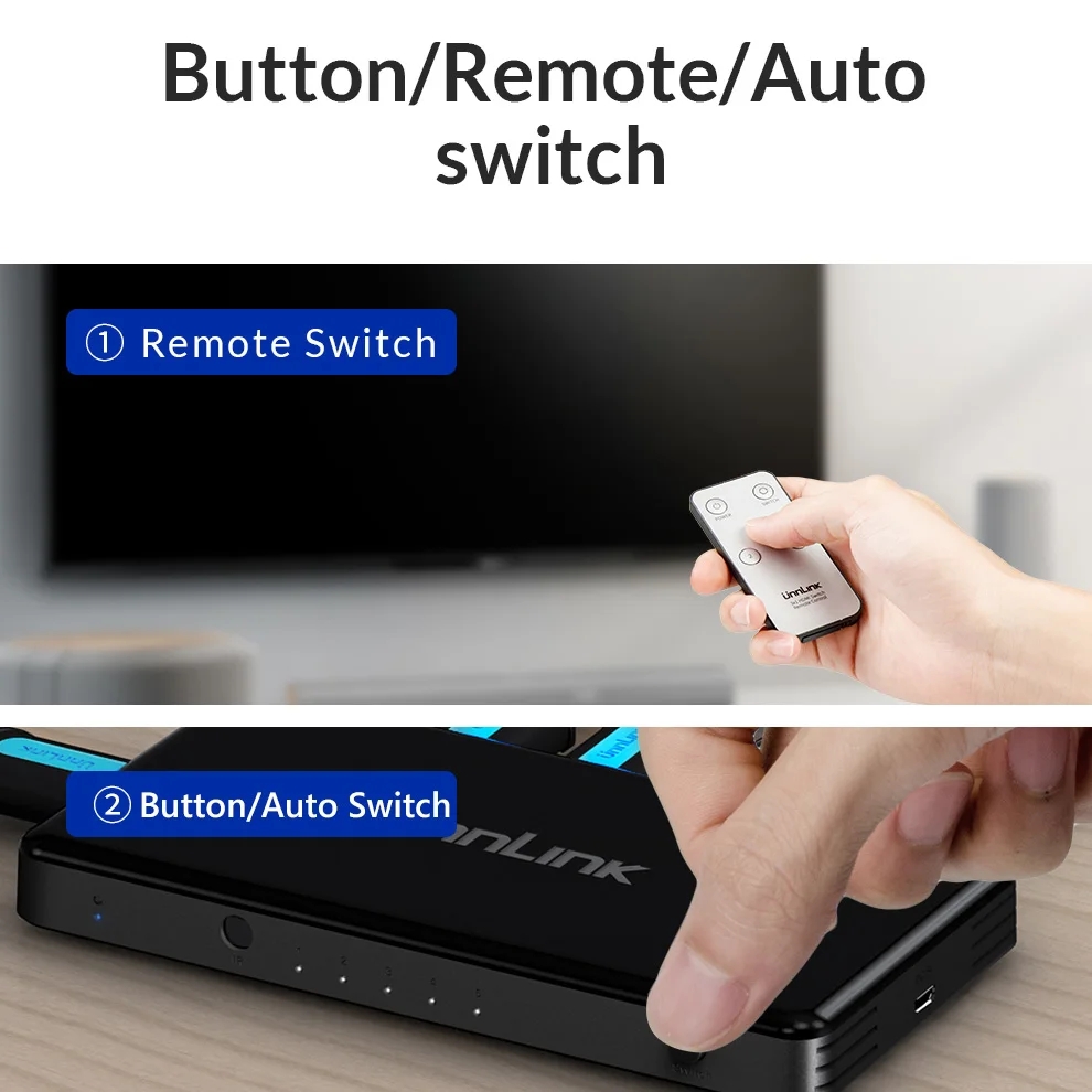  Unnlink HDMI Switch 5x1 HDMI 2.0 UHD4K@60Hz RGB4:4:4 HDCP 2.2 HDR 5 In 1 Out for Smart TV MI Box3 P