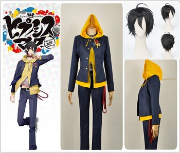 

Games Voice Actor Yamada Saburou Cosplay Costume Custom Long Sleeve Jacket Yellow Hoodie T-Shirt Pants Short Black Curly Wig