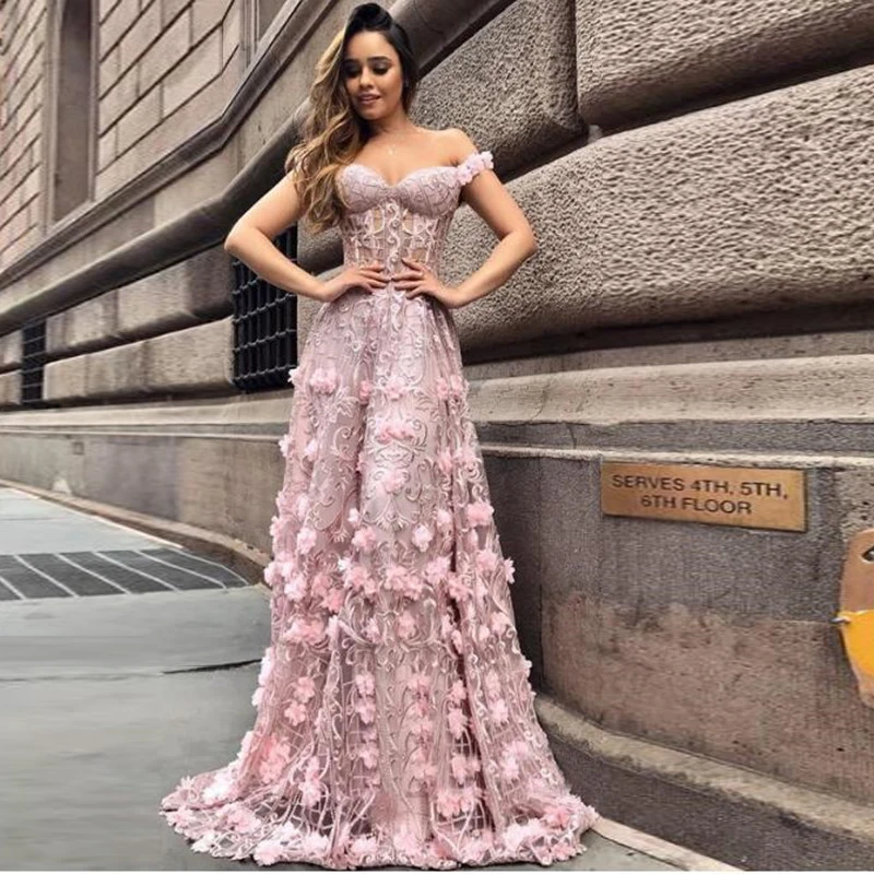 Elegante vestido de noche rosa de tul con hombros para mujer, moda 2019, apliques largos 3D de flores, vestidos formales de fiesta para mujer|Vestidos| - AliExpress