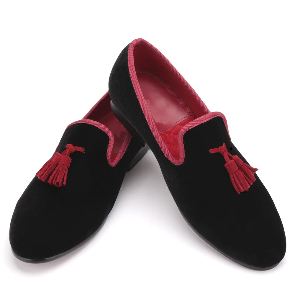 

Red and Black Leather Tassel Men shoes Men's Party Wedding Shoes Men velvet loafers Men's Flats shoes
