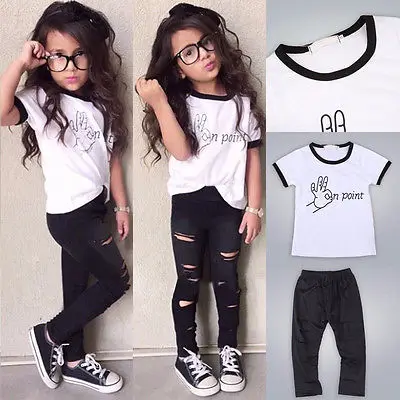 

Cute Baby Kids Girls Summer Clothes Sets Tops Ripped Pants Cut Trousers 2pcs Fashion Outfits Set for 3 4 5 6 7 T