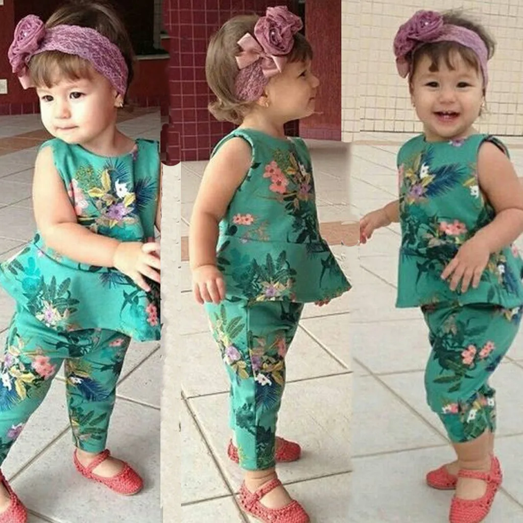

Toddler Baby Girl clothes kids summer clothes Flower Print Sleeveless Vest Skirt Tops+Pants children clothes baby girl boutique