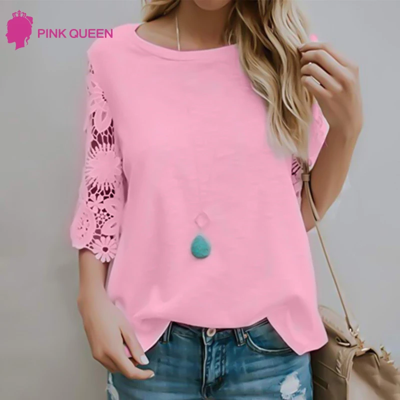 

Summer Lace T Shirt Women Stitching O-Neck Cropped Sleeves Autumn Casual Tshirt Women Tops Tee Shirt Femme Camiseta Mujer