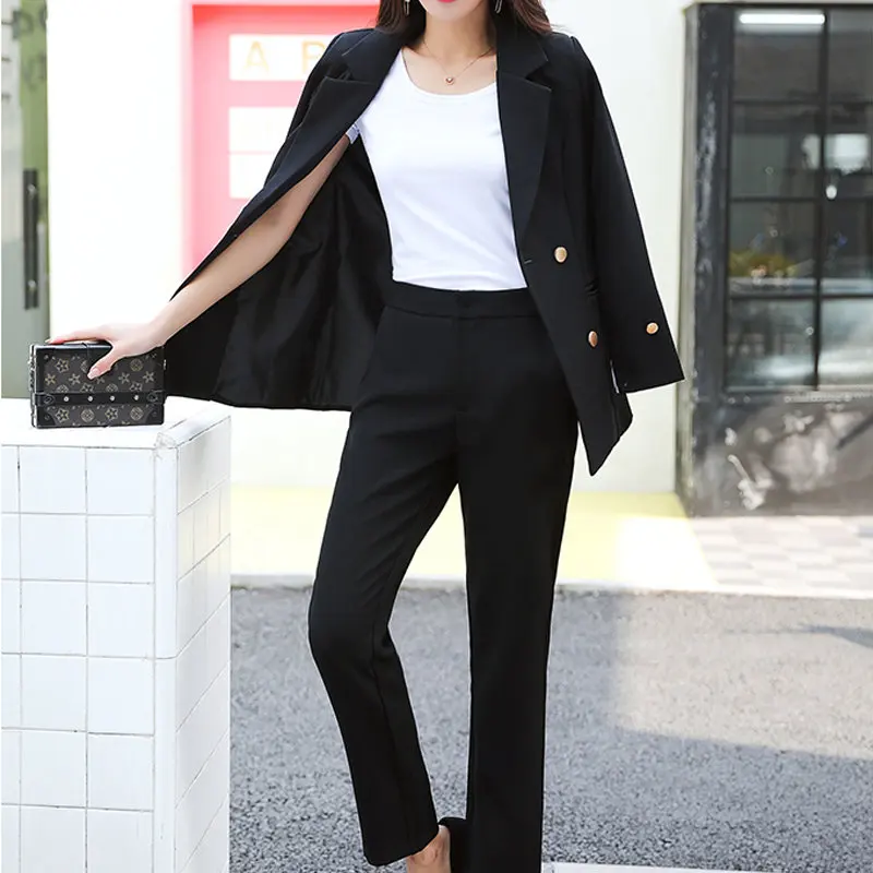 Модный комплект из 2 предметов, двубортный блейзер с зубчатым воротником и длинные брюки, Женский Повседневный пиджак, комплект спецодежды Femme - Цвет: black
