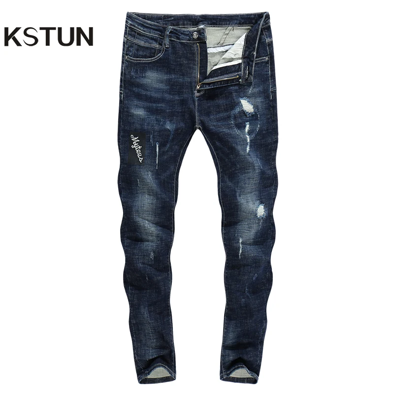 KSTUN 2018 джинсы Для мужчин толстые узкие синей эластичной панк байкерские джинсы мужской страх Бога уличной хип-хоп проблемных ен мужские