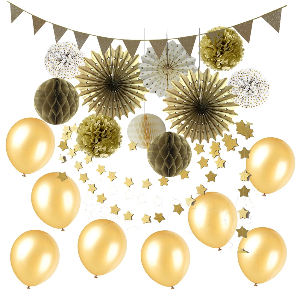 17pcs Gold Theme Party Decoration Set Glitter Penn...