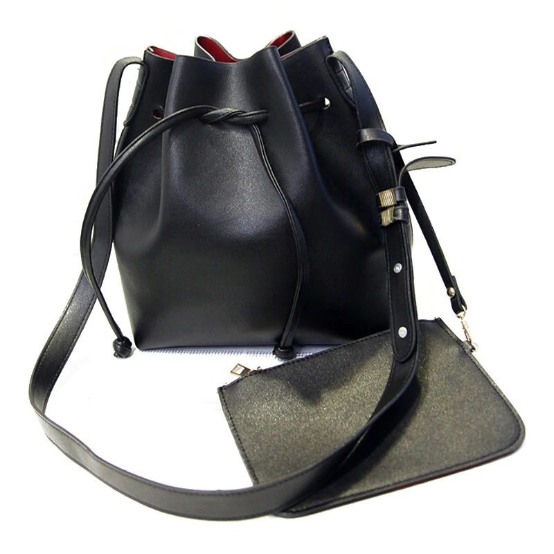

Women bucket bag messenger bag PU leather simple single belt shoulder bag Black