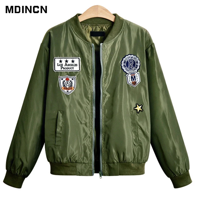 High quality Slim women jacket solid color Personality applique bomber ...