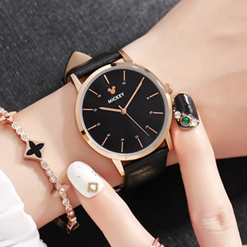 Disney Mickey Mouse Women Watches Top Luxury Quartz Wristwatches For Woman Stainless Steel Band Ladies Watch Montre Femme - Цвет: Black rose Leather