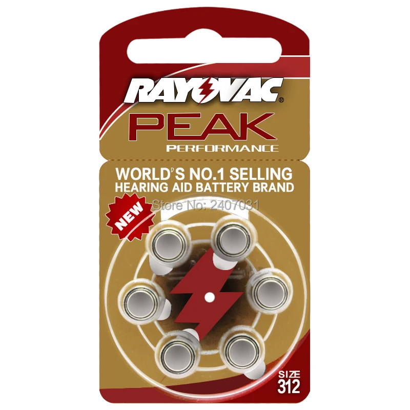 60 PCS Rayovac PEAK High Performance Hearing Aid Batteries. Zinc Air 312/A312/PR41 Battery for BTE Hearing aids. Free Shipping!