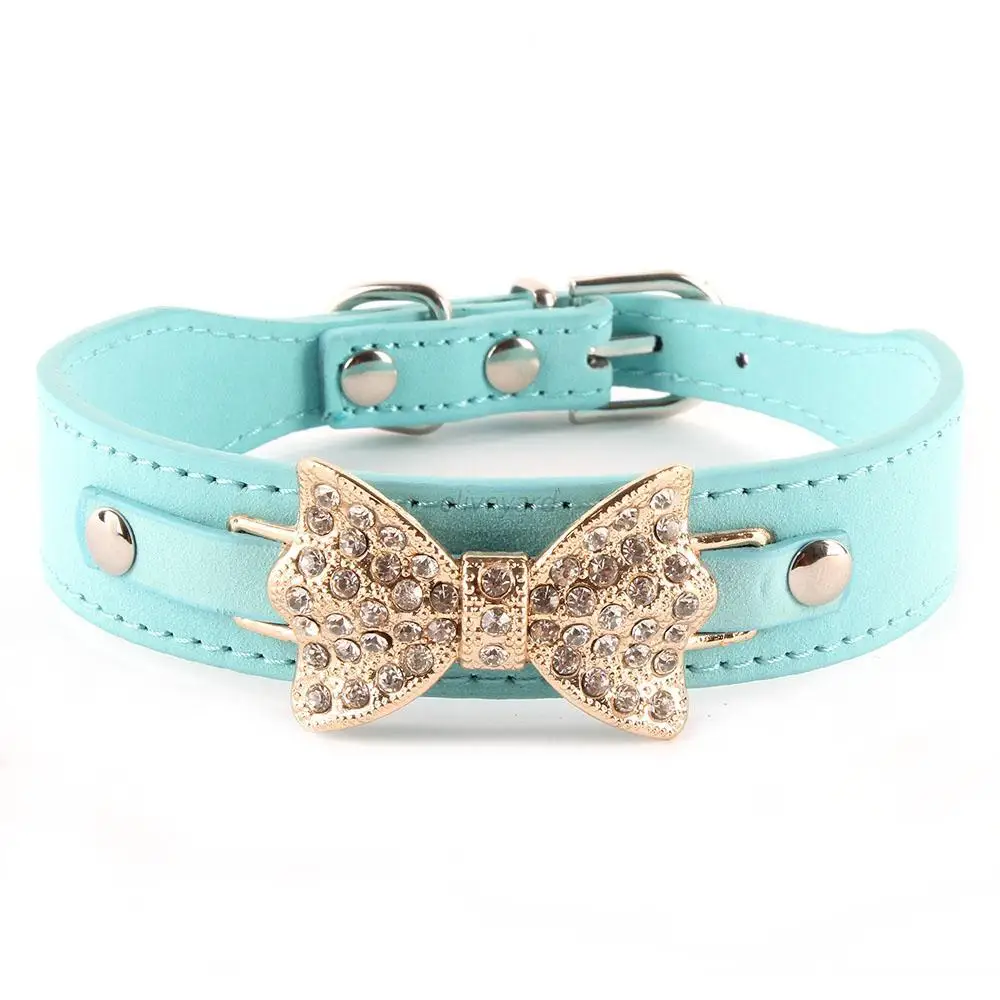 Puppy Princess PU Leather Dog Bling Crystal Bow Collar Lovely Pet Puppy Choker Collar Necklace