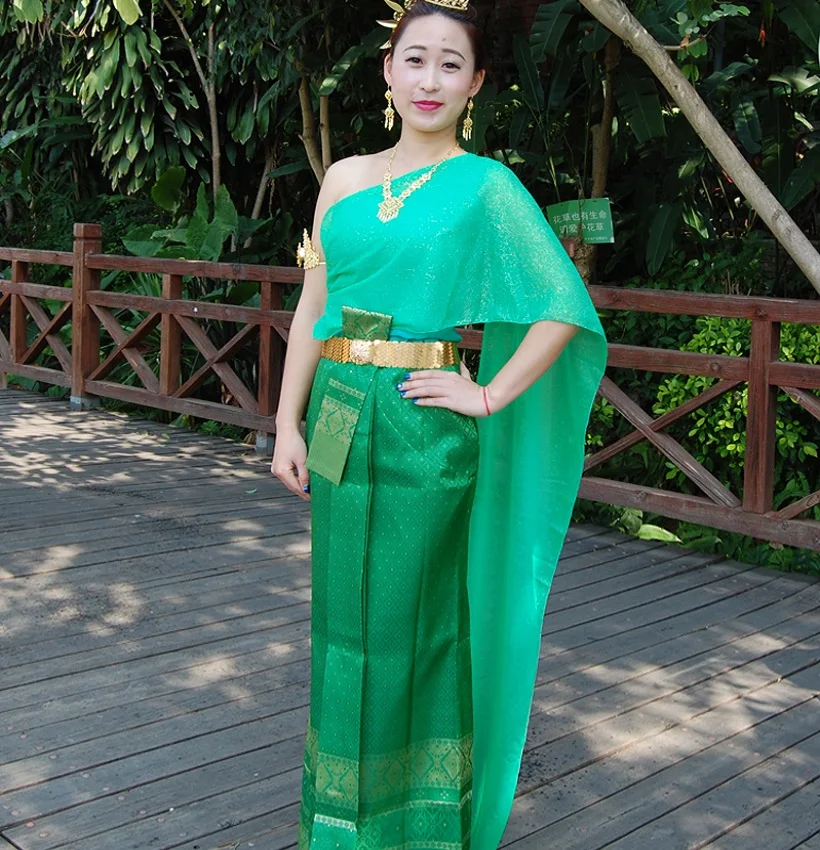 YunNan/праздничный костюм без рукавов, одежда в традиционном тайском стиле, Зеленый Дай, женская одежда, поздравительное платье