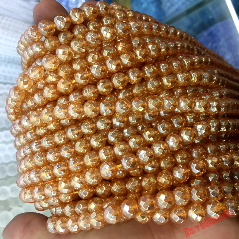 

4 6 8 10 12mm faceted Gold Champagne Transparent Metallic Titanium Coated Natural Quartz Crystal Glass Smooth Round Beads diy