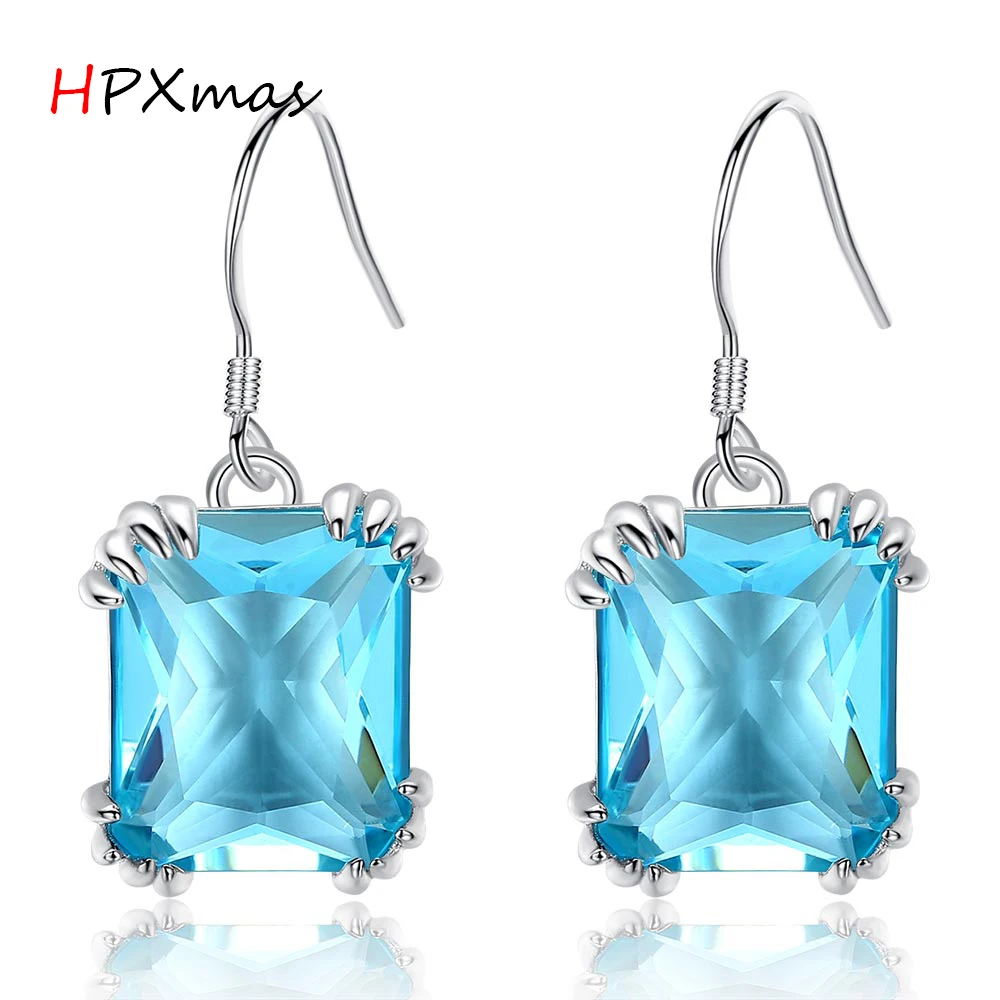 

HPXmas Square Princess cut Exquisite Acid Blue Crystal Fashion Drop Earrings for Women Mother Ladies Gift Jewelry B56