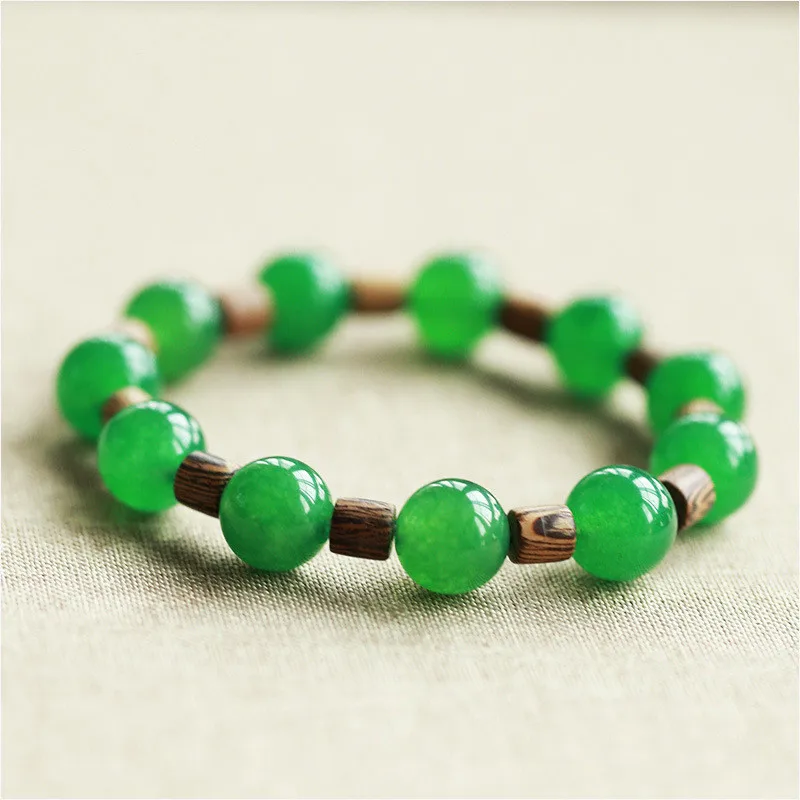 Drop Shipping Green Jades stone Round Bead Bracelet Single Lap Buddha beads Hand String Wood beads