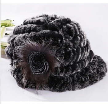 

2017 New real rex rabbit fur cap with fox fur flower and hat Winter genuine Rex rabbit Fur Hat for women