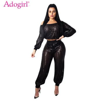 

Adogirl Stripe Sequins Sheer Two Piece Set Women Sexy Slash Neck Off Shoulder Lantern Sleeve Crop Top Bloomers Pants Club Outfit