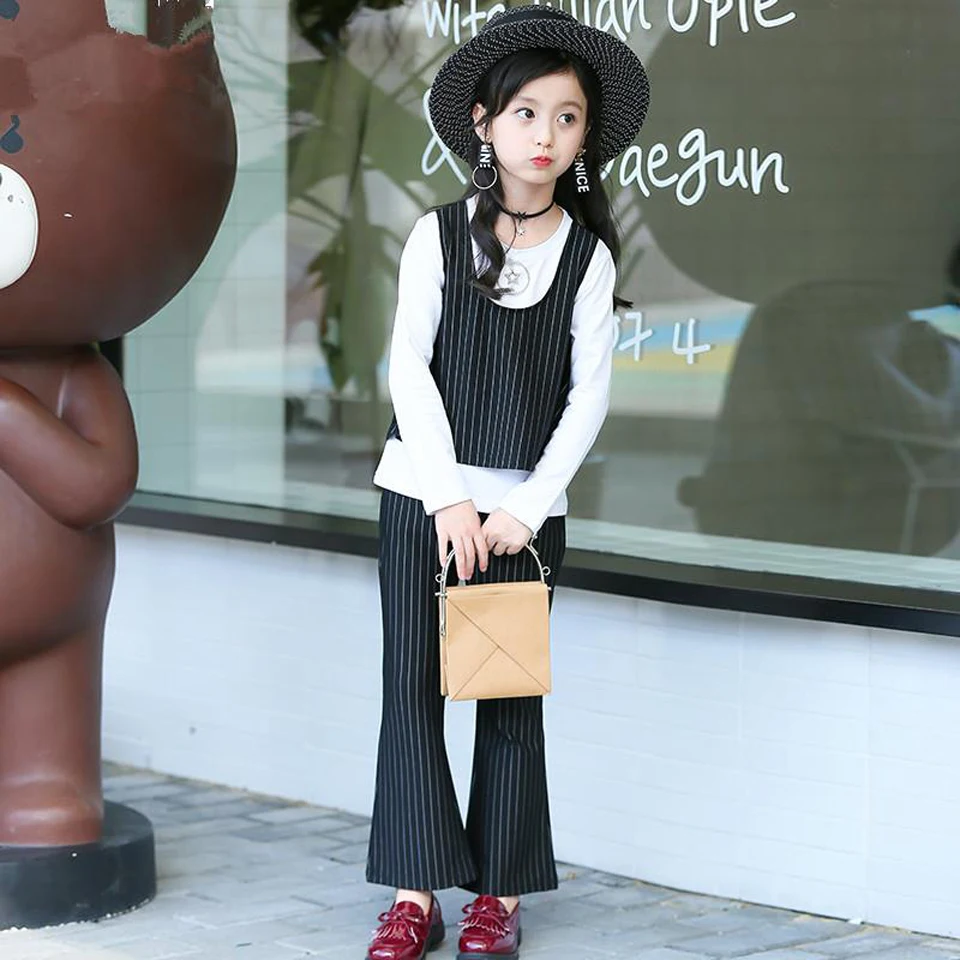 

2018 Autumn Girls Clothing Sets Kids Stripe Vest Jackets+Pant 3pcs/sets Tracksuit Children Teenage England Suit Sport Suit