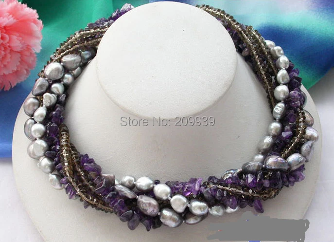 

huij 002610 6row 17" gray baroque freshwater pearl Amethyst Citrine necklace