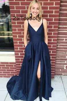 

Simple robe de soiree longue Navy Blue Evening Dresses V Neck Front Slits Prom Dress With Pockets Cheap avondjurk suknie wieczor