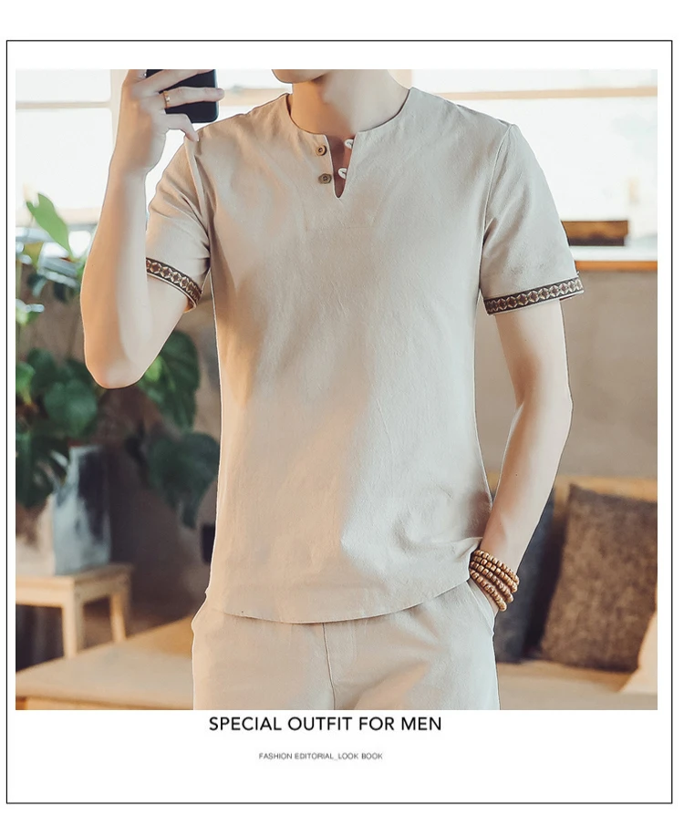 Новый мужской китайский Винтажный стиль рубашка Мандарин Воротник Slim Fit с короткими рукавами хлопок лен Повседневная мода Топ рубашка