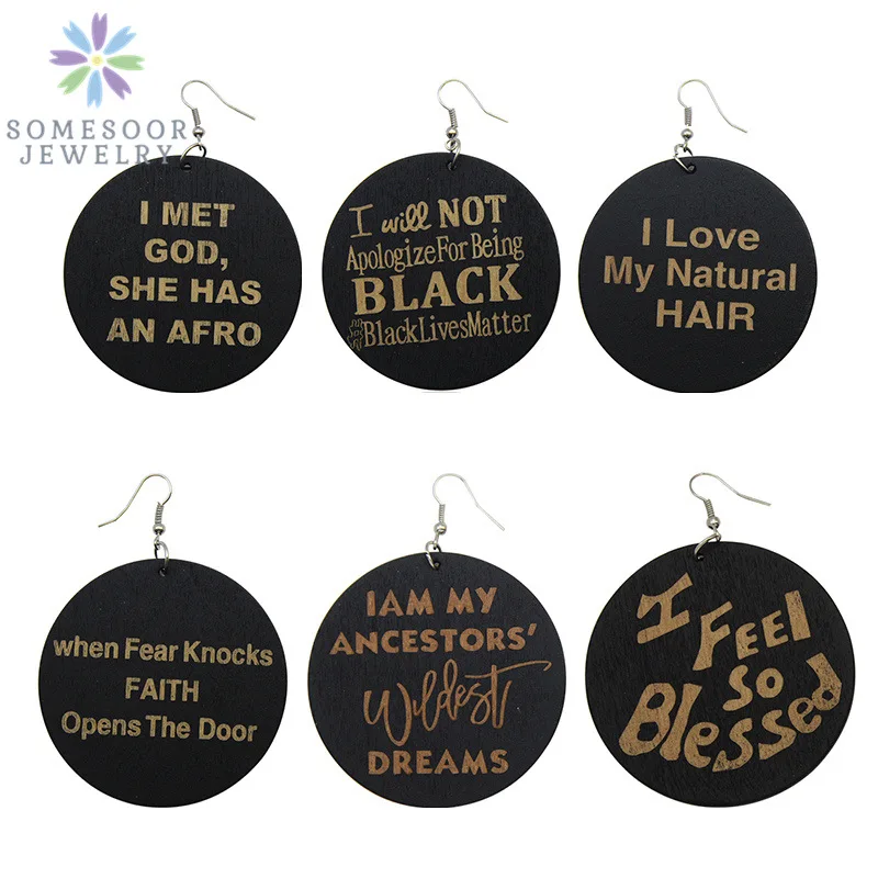 

SOMESOOR Africann Natural Wood Drop Earrings Carved Black Lives Matters God Afrocentric Ethnic Jewelry For Women Gift Mix 6Pair