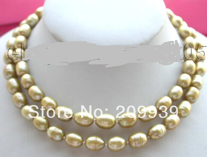 

Free shipping 003155 32" Longest Genuine Natural 10-12mm Champagne Rice Pearl Necklace 14