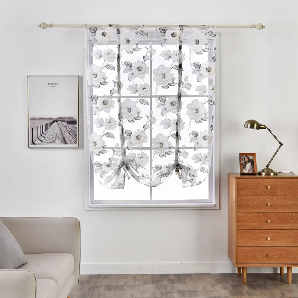 Floral Roman Sheer Curtains Short Kitchen Valance Vurtain Tulle Fabrics Sheer Panel Modern Curtain Flower Window (6)