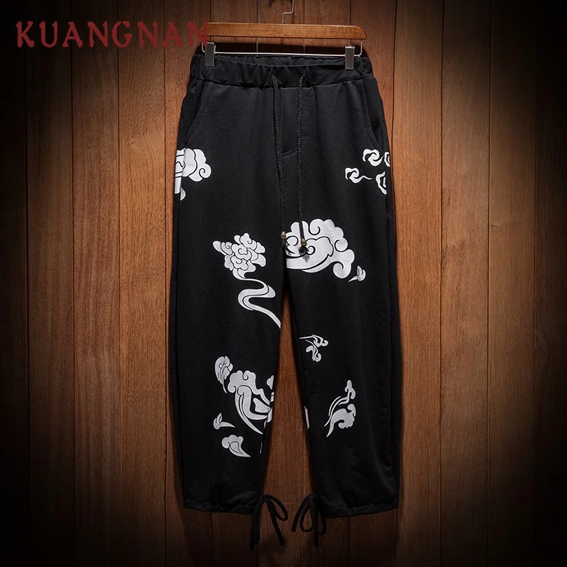 

KUANGNAN Chinese Style Cloud Printed Pants Men Japanese Streetwear Harem Pants Men Sweatpants Hip Hop Trousers Men Pants 2019