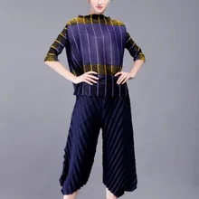 Issey Miyake летний хит цвет полосы рукав одежда Pleat сложите воротник футболки плиссированные футболка