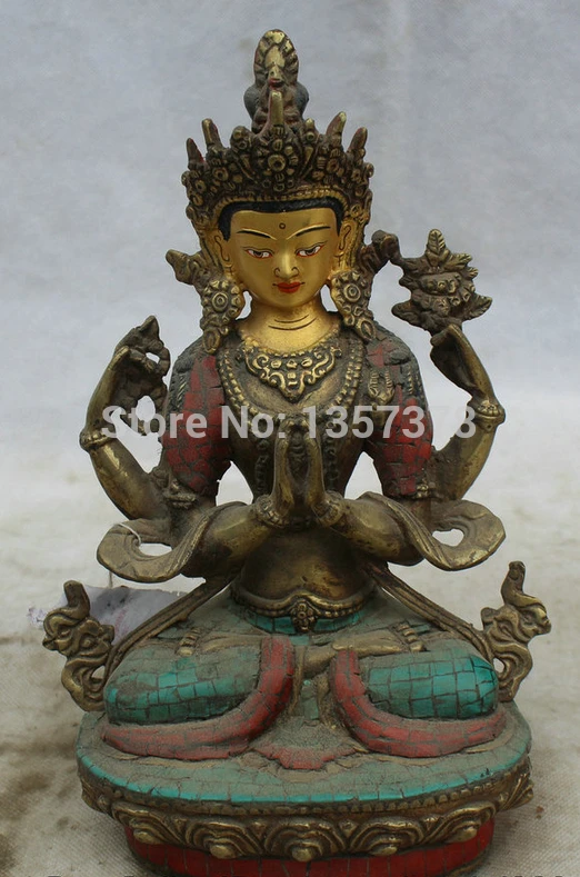

shitou 00529 10" Tibet Buddhism turquoise Red Coral Gild Seat 4 arms Chenrezig Buddha Statue