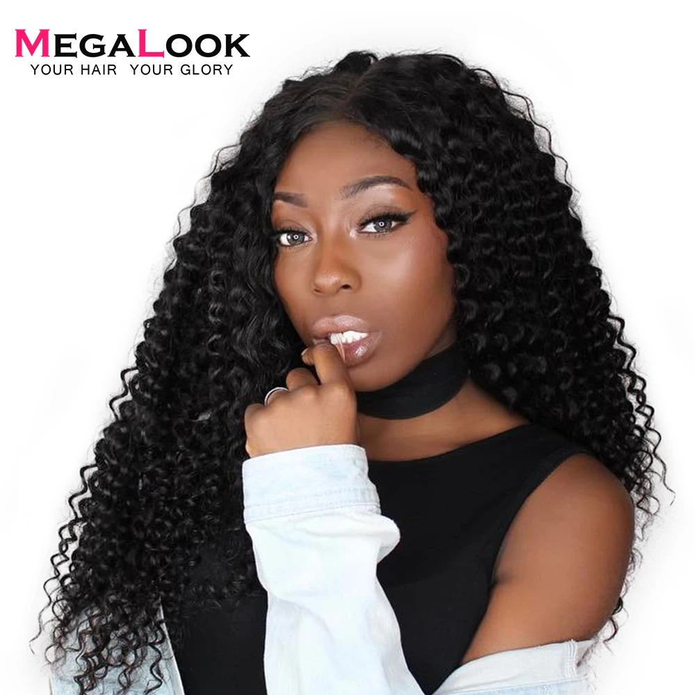 Megalook волосы перуанские глубокая волна человеческих волос парики для черных женщин 180 плотность короткие и длинные Remy человеческие 360 синтетический фронтальный парик