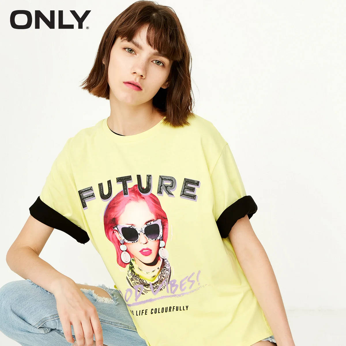

ONLY 2019 Spring and Summer Women's Loose Fit 100% Cotton Drop-shoulder Elbow Sleeves Split T-shirt |118301555