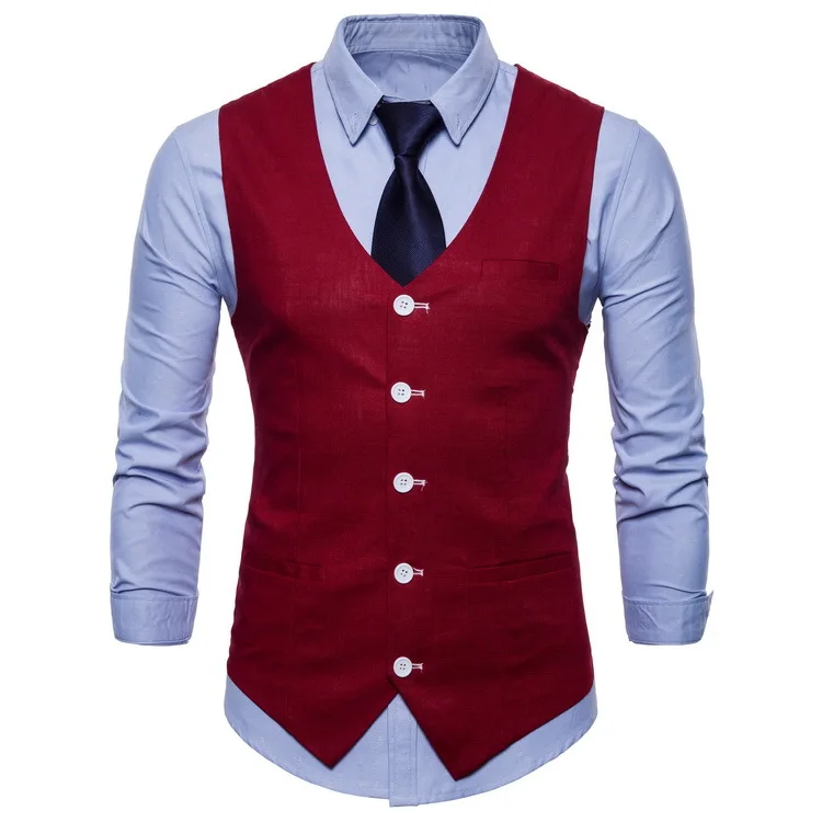 Мужской приталенный однобортный жилет, брендовый деловой костюм, деловой свадебный жилет, однотонный жилет для мужчин - Цвет: wine red