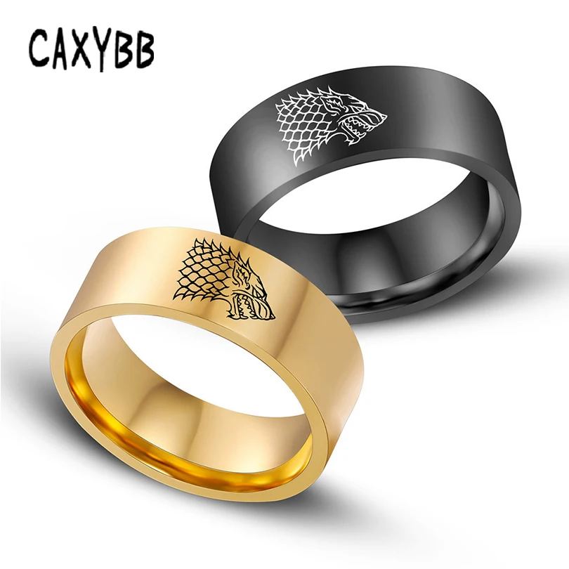 Gold Black Color Silver Stainless Steel Men Game Ring of Thrones House Stark Winterfell Wolf Ice Men Rings For Women Men