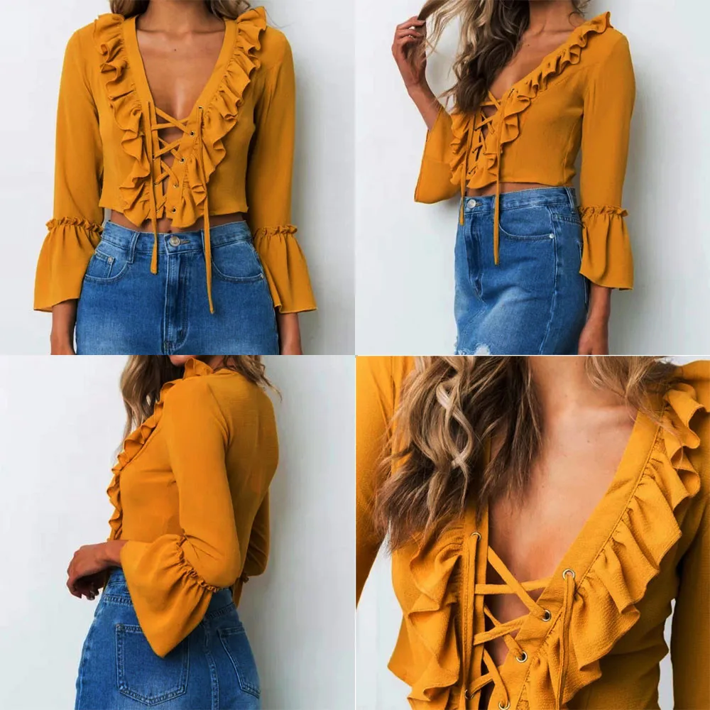 

2019 Women's Summer Fashion Chiffon Solid Long Sleeve Ruffles Top V-Neck Bandage Blouse Women Clothes