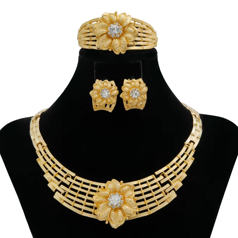 

Top Luxury Italian Women Jewelry Sets Austria Crystal Flower Necklace Earrings Fashion Nigeria Bride Wedding Jewelry Accessories