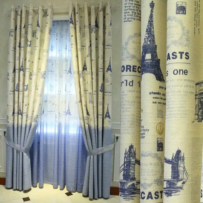 

Cartoon Printed Mediterranean Blue Curtains for Living Room Tulle Bedroom Cotton Linen Semi-shade Custom Window Curtain