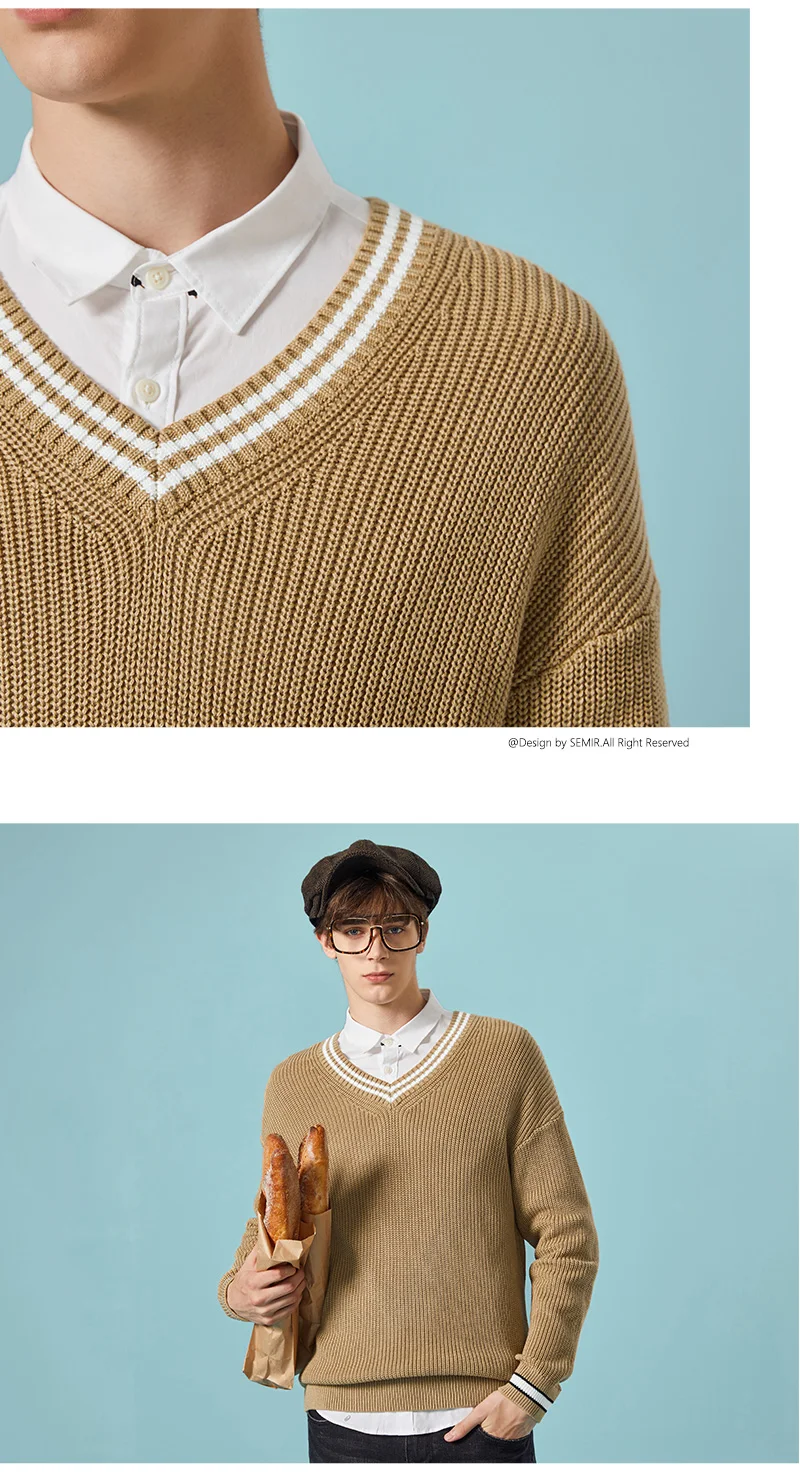 SEMIR, мужской модный свитер, 3 цвета, мужской, для досуга, тонкий, с v-образным вырезом, с длинным рукавом, свитер, одноцветная одежда