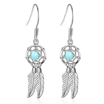 

XIYANIKE 925 Sterling Silver National Style Retro Leaf Pendant Earrings Design Creative Blue Beads Fine Ear Jewelry Women Gift