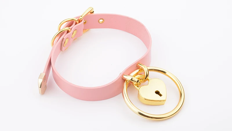 Punk Gothic Hand Crafted 100% Real Leather Choker 60mm O Round Gold Collar Kawaii Love Heart Necklace Women Lockable BDSM Choker 12